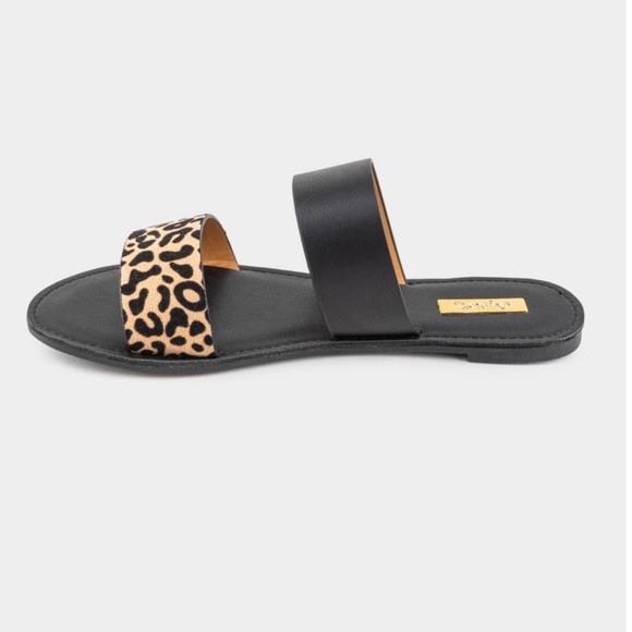 Black tab leopard double band slip on sandals - Picture 8 of 9